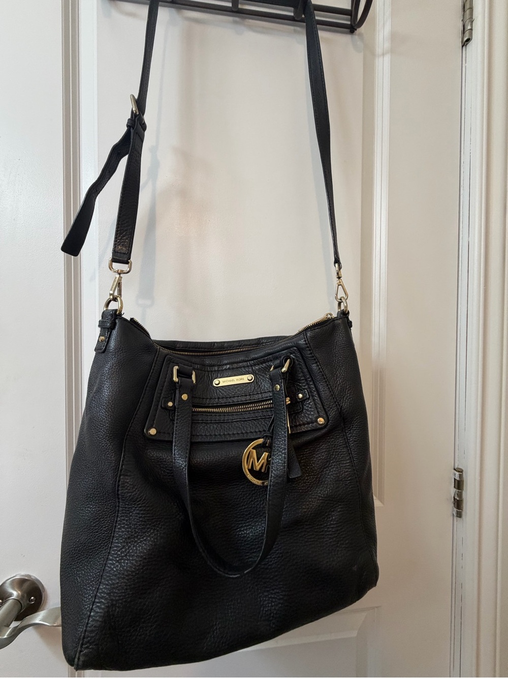Michael Kors Black Pebbled Leather Shoulder Tote with Gold Accents
